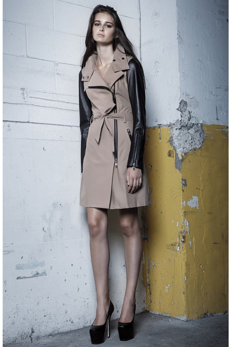 Leather Sleeve Trench Coat, Alternate, color, SAND