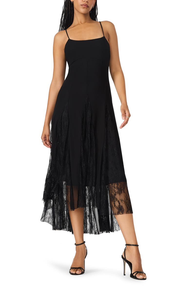Vita Lace Detail Godet Pleat Dress, Main, color, BLACK