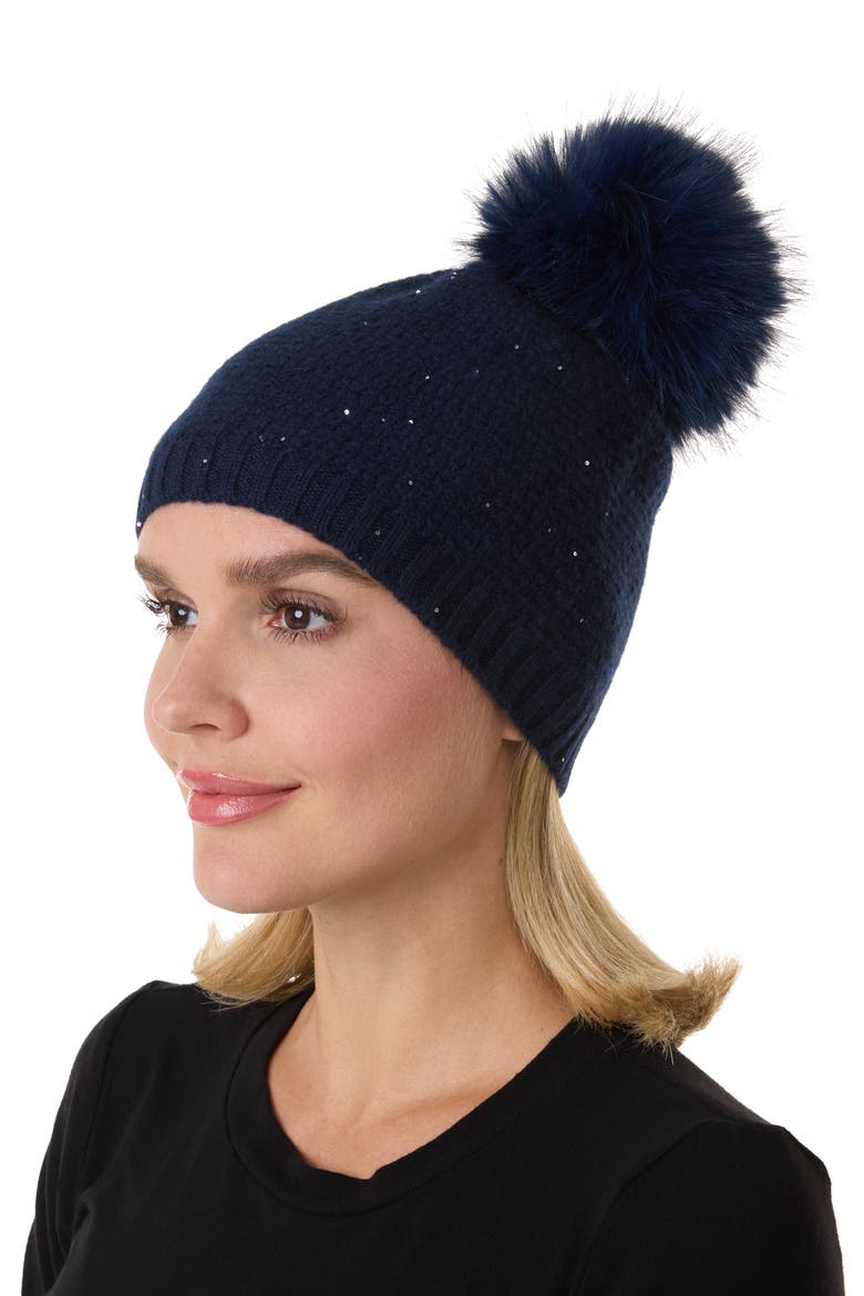 Cashmere Beanie with Faux Fur Pom, Alternate, color, DARK NAVY