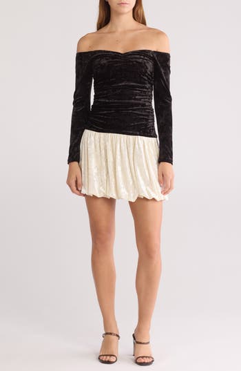 Lush Off The Shoulder Long Sleeve Bubble Hem Minidress In Black Ivory