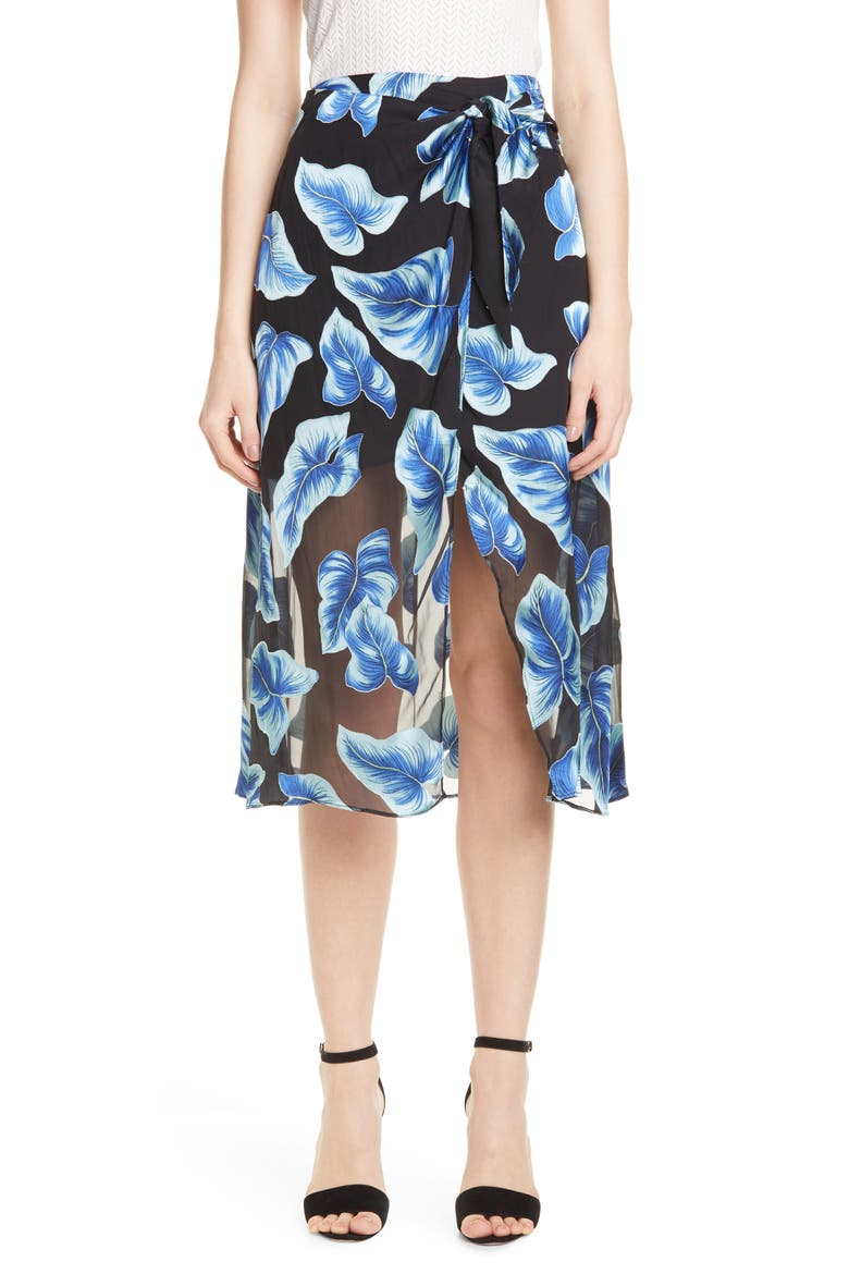 Lumi Tie Wrap Midi Skirt, Main, color, PARADISE LEAVES BLK/ BLUE