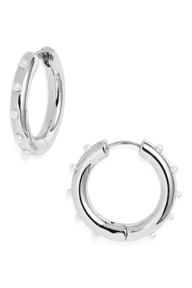 Cultured Pearl Studded Hoop Earrings, Main, color, WHITE- SILVER