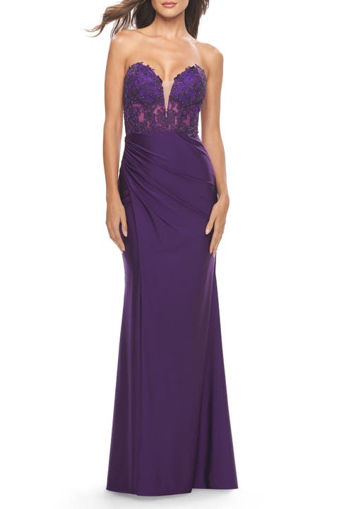 Long Dress with Jersey Skirt and Lace Illusion Bodice