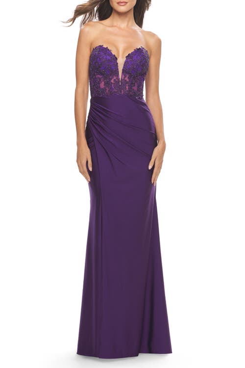La Femme Long Dress With Jersey Skirt And Lace Illusion Bodice In Royal Purple