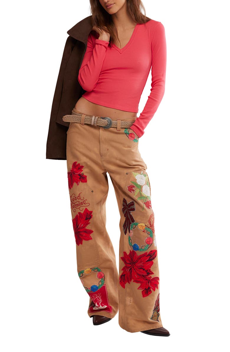 Free People Neria Long Sleeve Stretch Cotton Crop Top, Alternate, color, Tart Berry