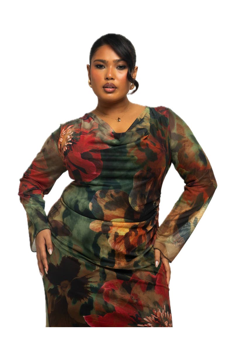 FASHION-SZN CURVE Plus Size Floral Print Mesh Maxi Dress, Alternate, color, Khaki