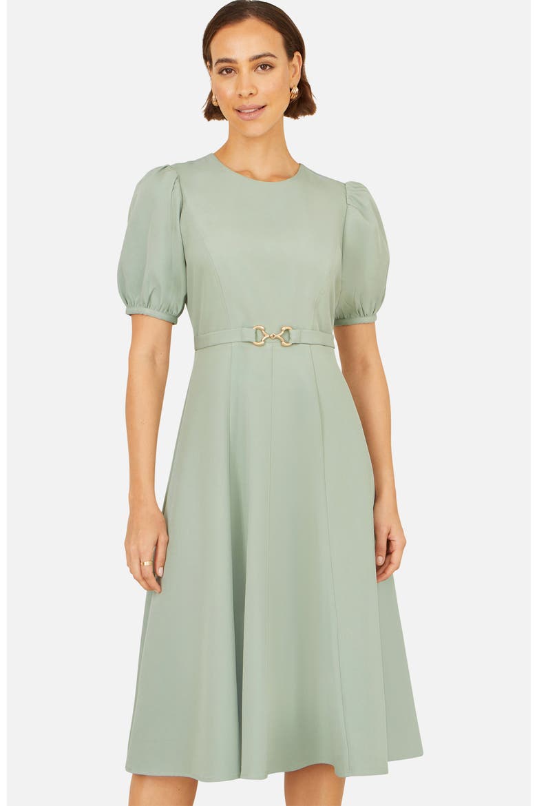 Buckle Detail Short Sleeve Skater Dress, Main, color, Mint Green