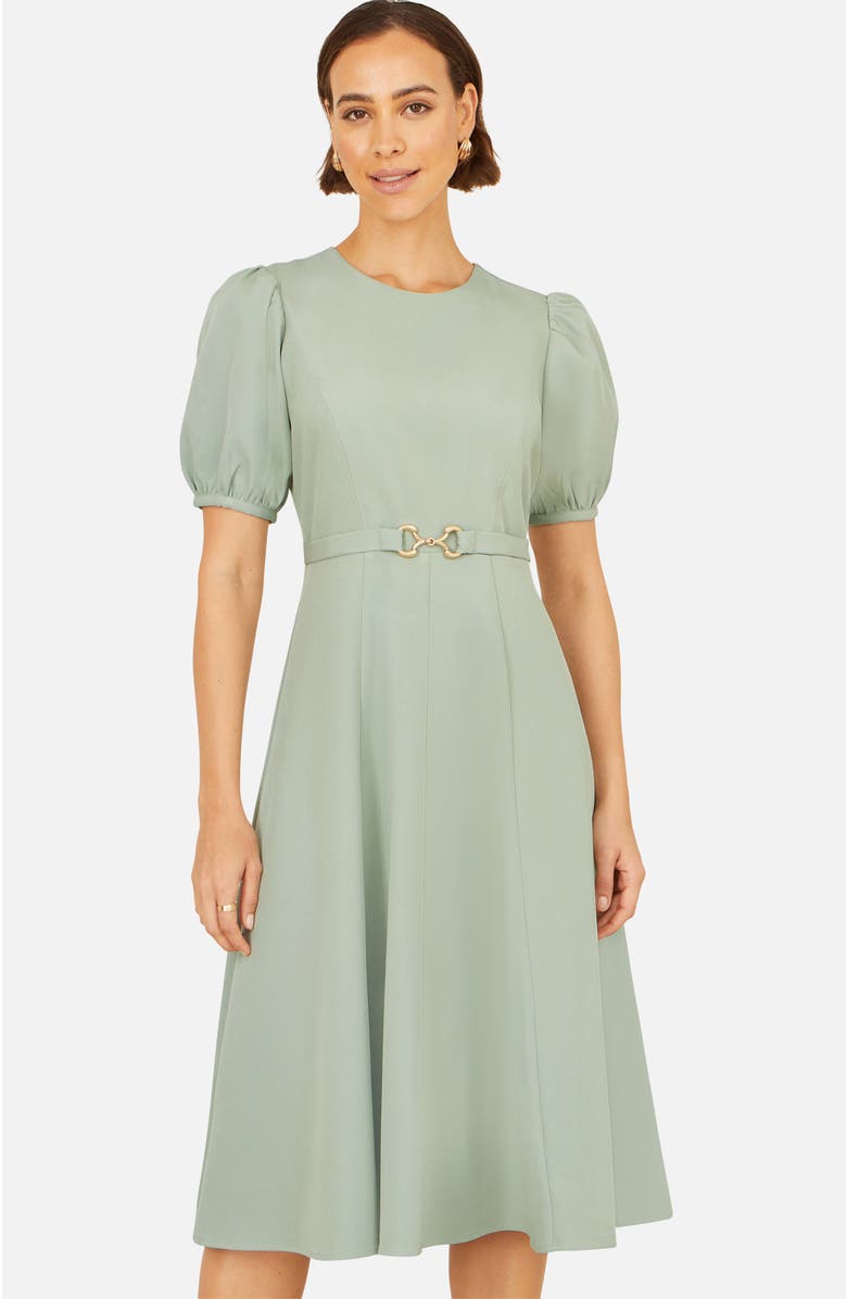 Yumi Buckle Detail Short Sleeve Skater Dress, Main, color, Mint Green