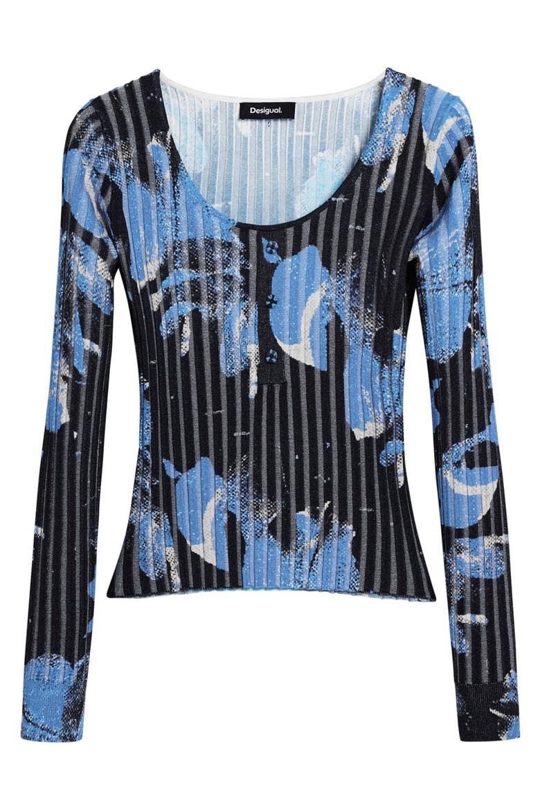 Abstract Print Rib Top, Alternate, color, BLUE