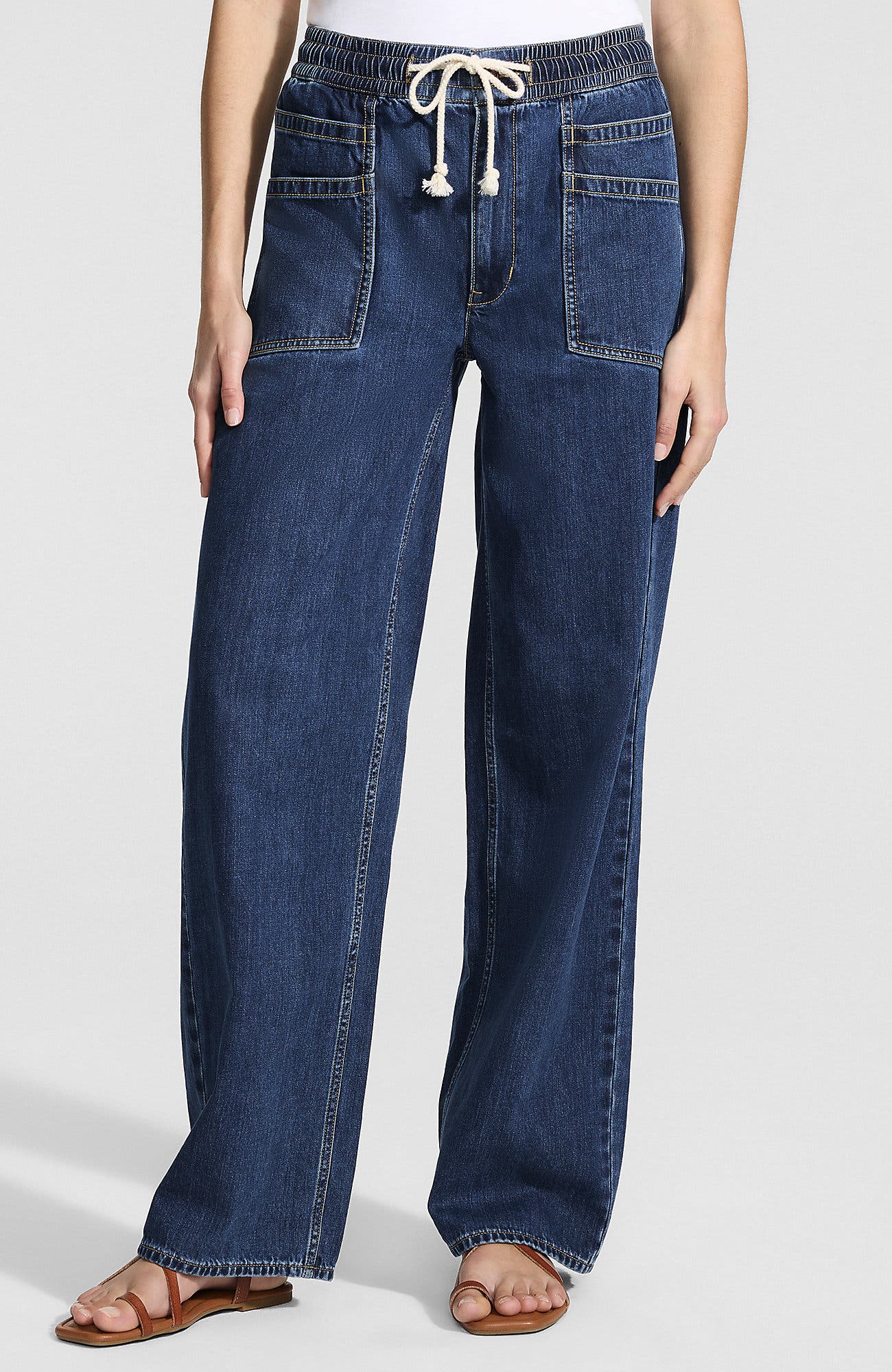 Lightweight Denim High Rise Relaxed Straight Pull On Pocket Jeans - image 3
