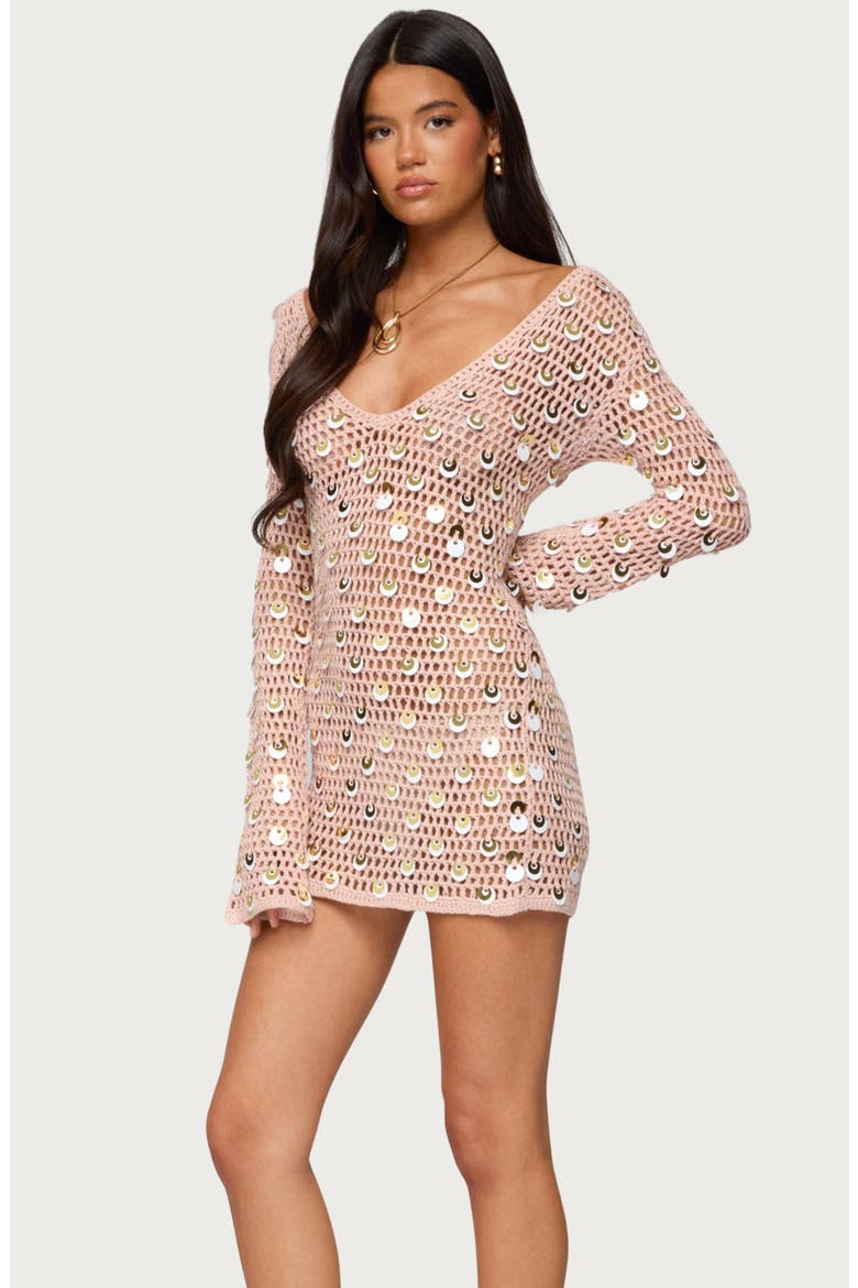 Corea Long Sleeve Sequin Crochet Minidress, Alternate, color, PINK