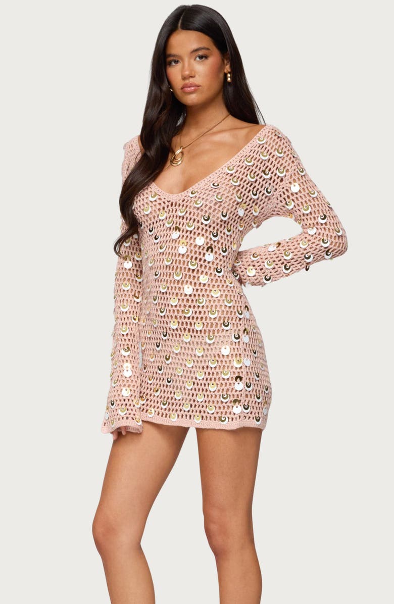 EDIKTED Corea Long Sleeve Sequin Crochet Minidress, Alternate, color, Pink