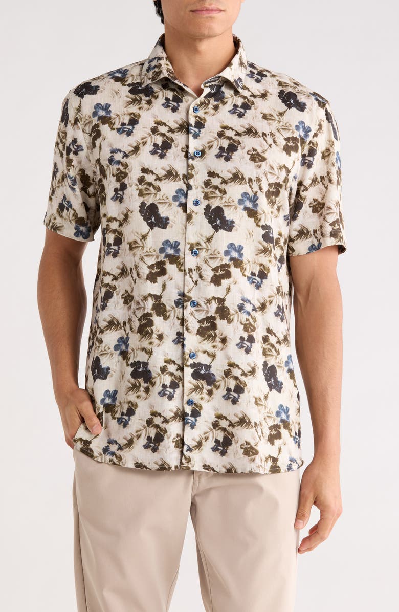 SOUL OF LONDON Floral Short Sleeve Viscose & Linen Button-Up Shirt, Main, color, Blue / Bleu