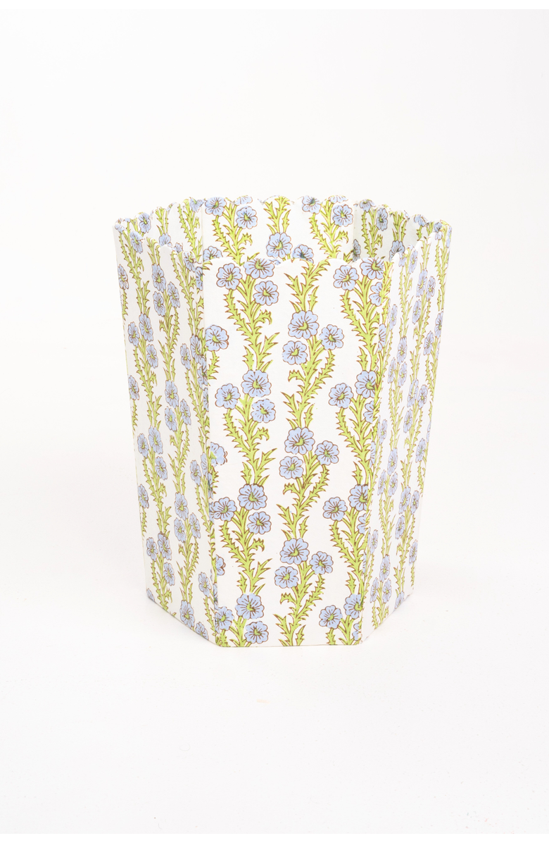 Inner Child Scallop Waste Bin / Storage Bin in Forget Me Not Blockprint, Main, color, Forget Me Not