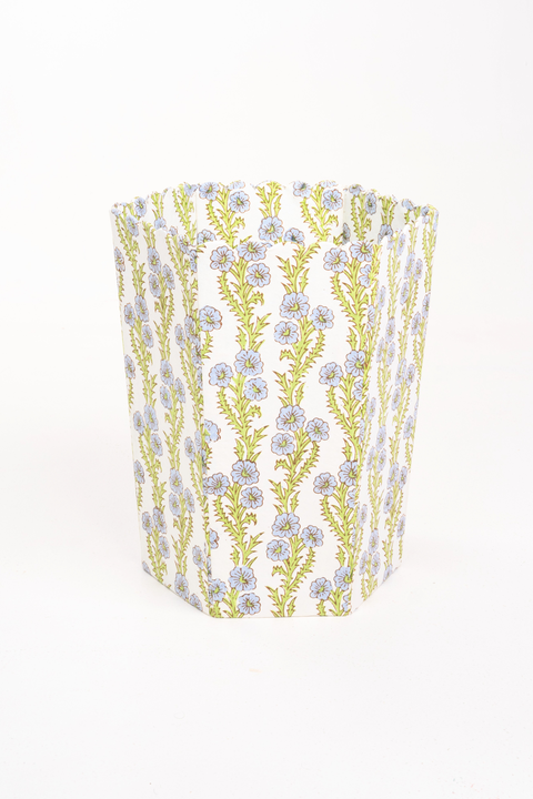 Scallop Waste Bin / Storage Bin in Forget Me Not Blockprint
