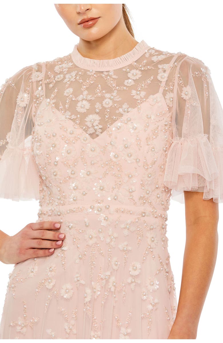 Mac Duggal Floral Embellished Flutter Sleeve A Line Gown, Alternate, color, Peach