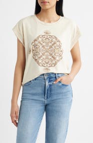 CITY BLUES Lace Trim Dolman Sleeve Stretch Cotton Graphic T-Shirt