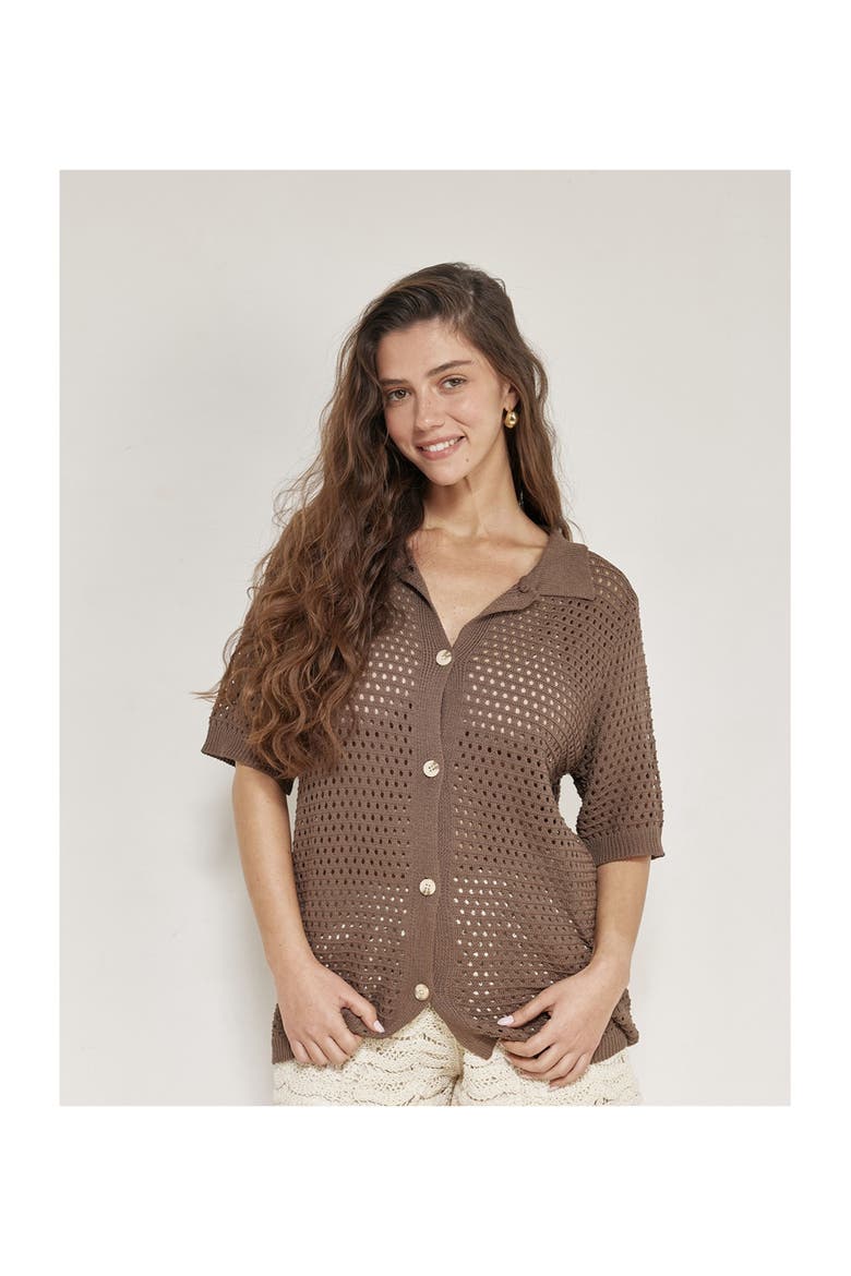 Robbie Crochet Collared Beach Top, Alternate, color, Brown