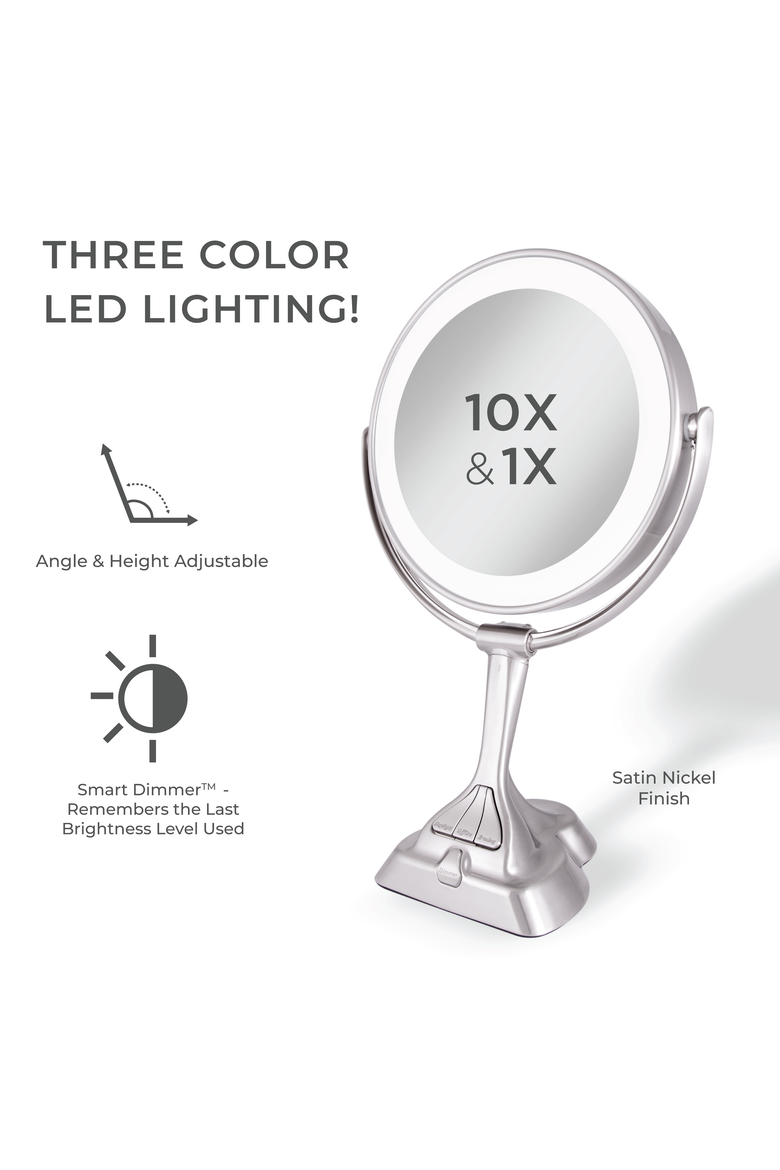 Lighted Makeup Mirror with 10X/1X Magnification & Smart Dim Controls, Alternate, color, Satin Nickel