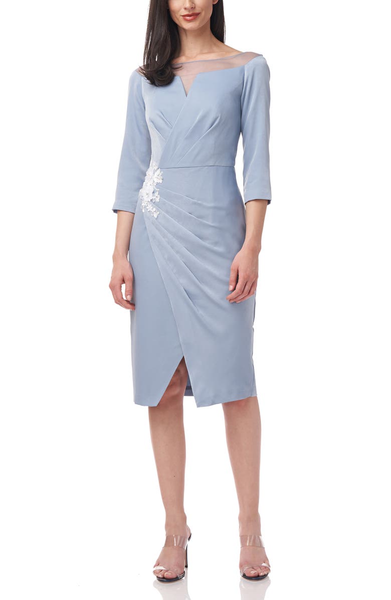 JS Collections Floral Appliqué Textured Charmeuse Sheath Midi Cocktail Dress, Main, color,