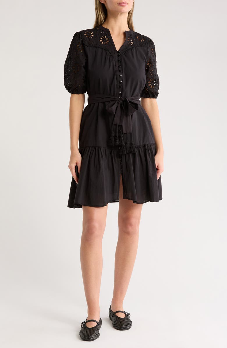 Ellen Tracy Eyelet Puff Sleeve Tie Waist Dress, Main, color, 