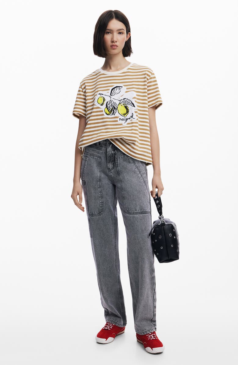 Desigual Stripe Lemon Appliqué Cotton Graphic T-Shirt, Alternate, color, 