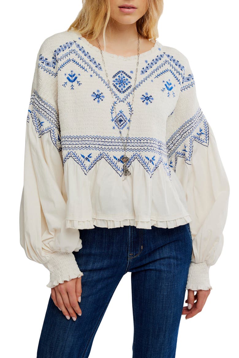 Holly Smocked Embroidered Top, Main, color, EGGNOG COMBO