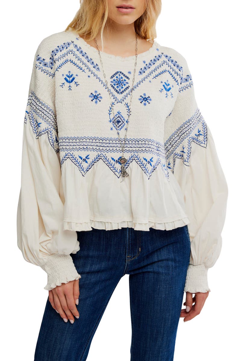 Free People Holly Smocked Embroidered Top, Main, color, Eggnog Combo