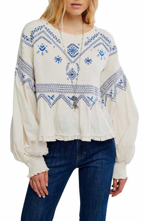 Free People Holly Smocked Embroidered Top