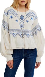 Free People Holly Smocked Embroidered Top
