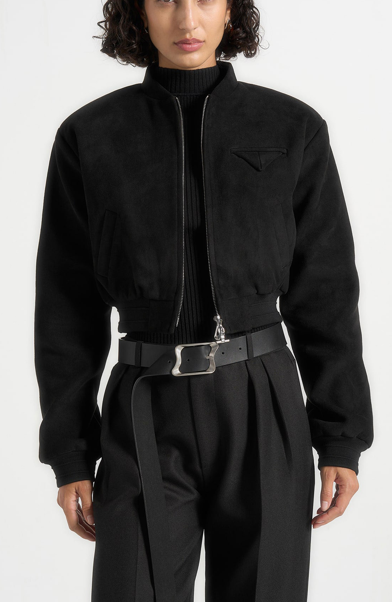 Manière De Voir Monique Suede Wide Shoulder Bomber Jacket, Alternate, color, Black