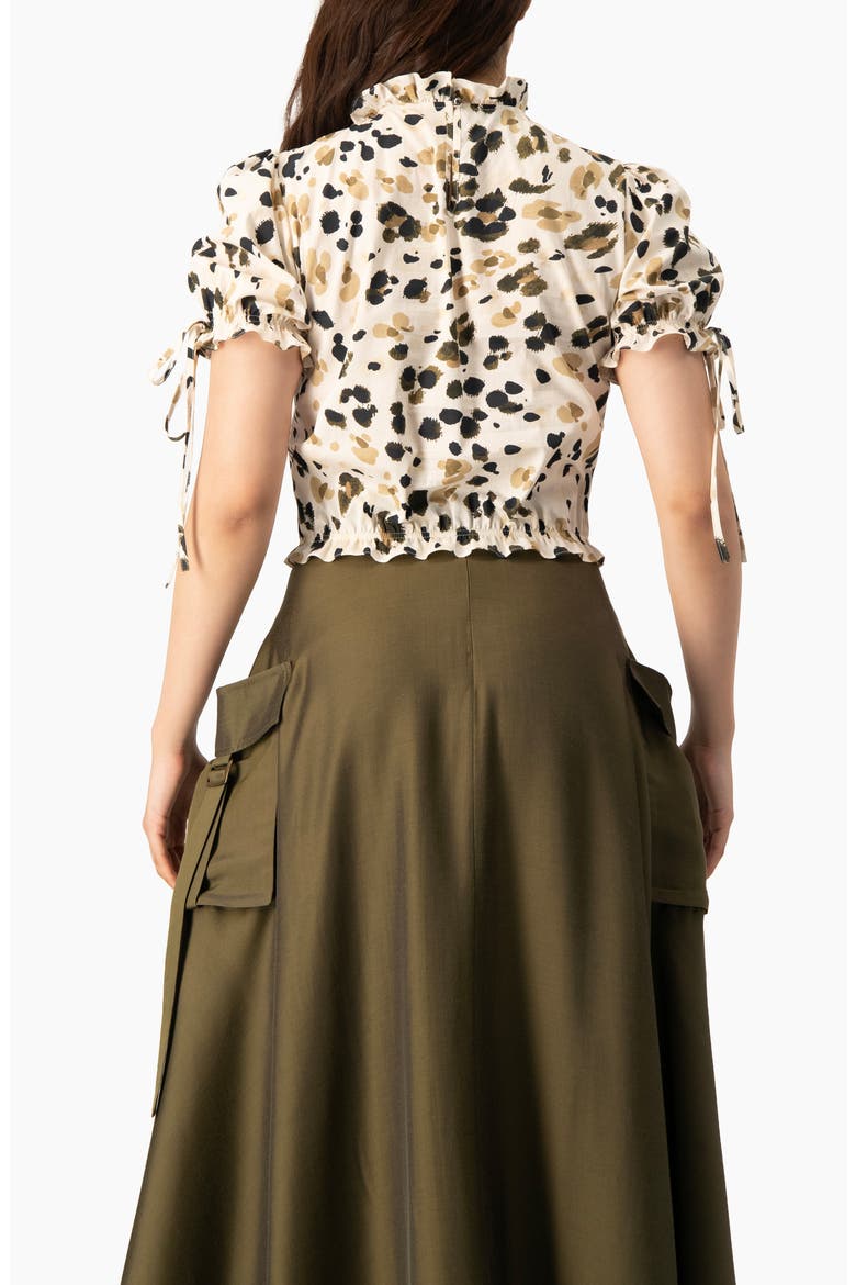 Abstract Animal Print Crop Blouse, Puff Sleeve Ruffle Neck Top, Alternate, color, Olive Green