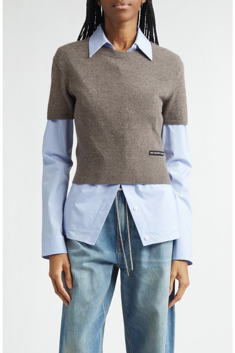 Stretch Cotton Shirt & Short Sleeve Wool Blend Sweater, Main, color, BROWN/ BLUE