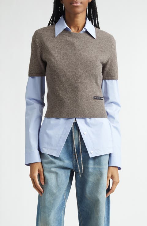 Stretch Cotton Shirt & Short Sleeve Wool Blend Sweater