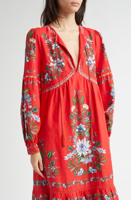 Farm Rio Sweet Bloom Long Sleeve Linen Blend Tiered Maxi Dress In Red