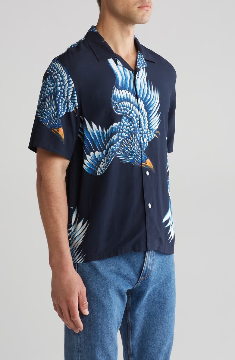 rag & bone Avery Print Camp Shirt, Alternate, color, Navy Eagle