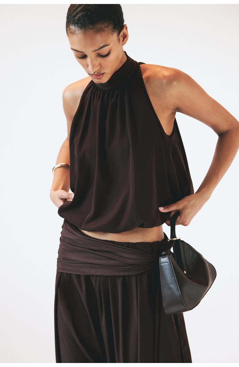 H&M Bubble-hem Halterneck Top, Alternate, color, Dark Brown