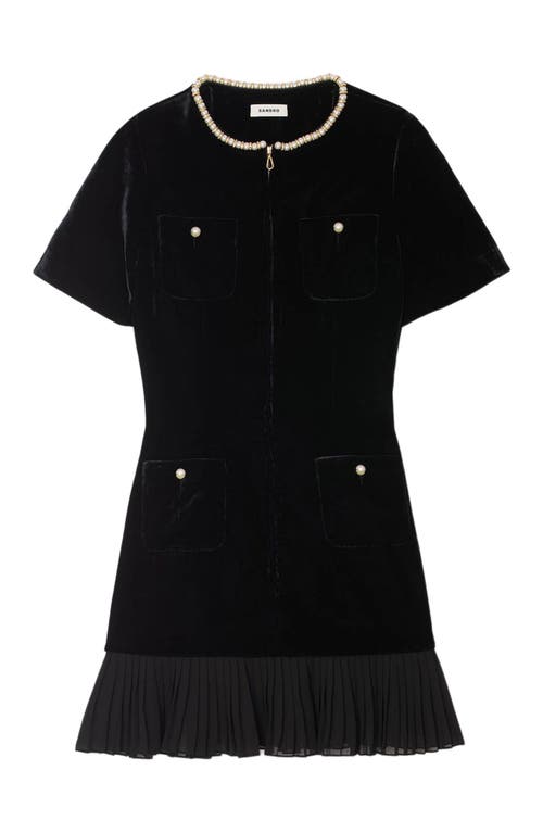 Sandro Womens Black Pearl-embellished Pleated-hem Velvet Mini Dress In Black