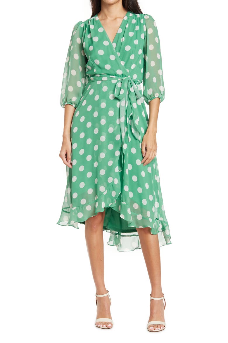 Surplice Neck Three-Quarter Sleeve Polka Dot Print Chiffon Faux Wrap Dress, Main, color, KELLY GREEN/ IVORY