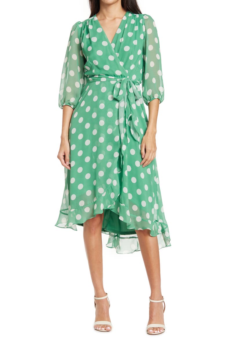 Gabby Skye Surplice Neck Three-Quarter Sleeve Polka Dot Print Chiffon Faux Wrap Dress, Main, color, 
