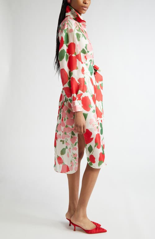 Carolina Herrera Rose Print Oversized Self-belt Midi Shirt Dress In White Multi