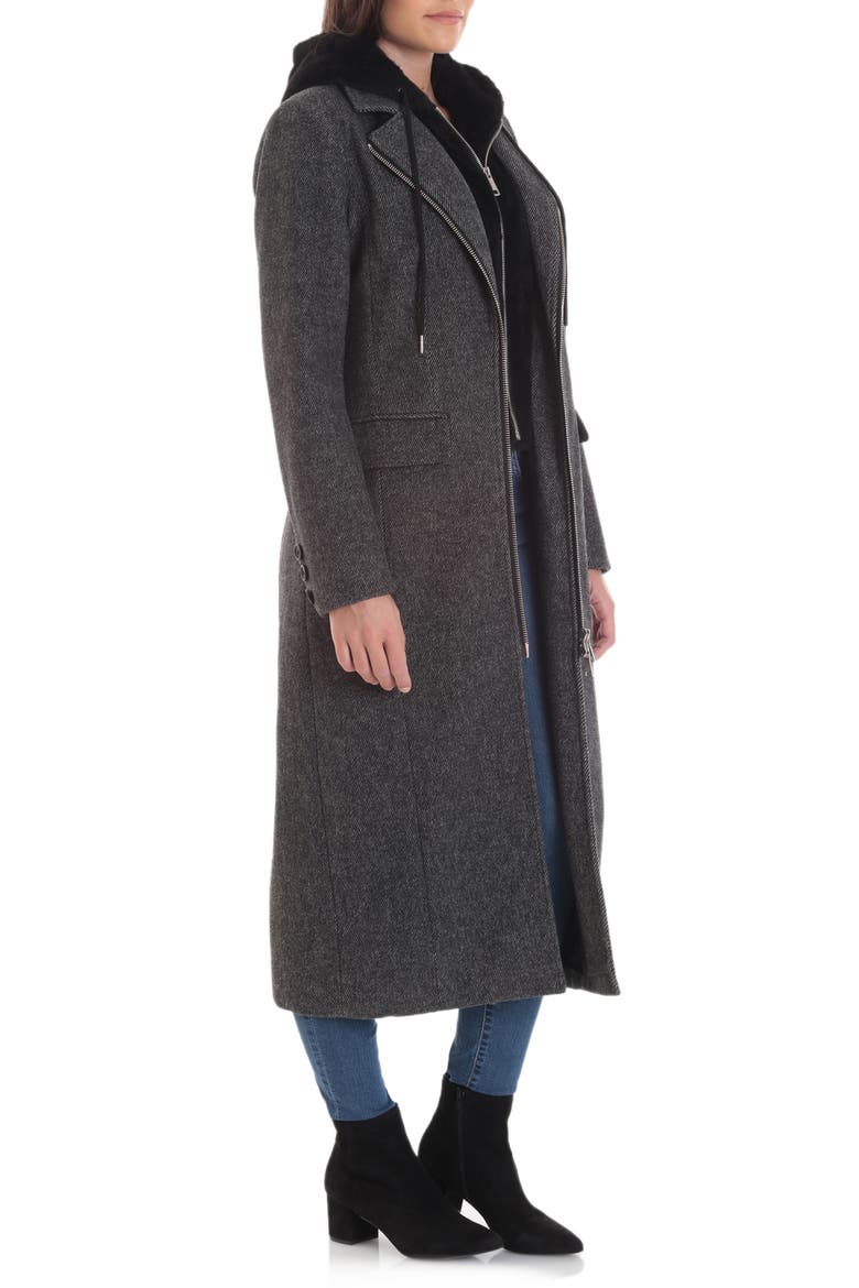 Moto Wool Blend Coat with Removable Hooded Bib, Alternate, color, BLACK/ WHITE OLD