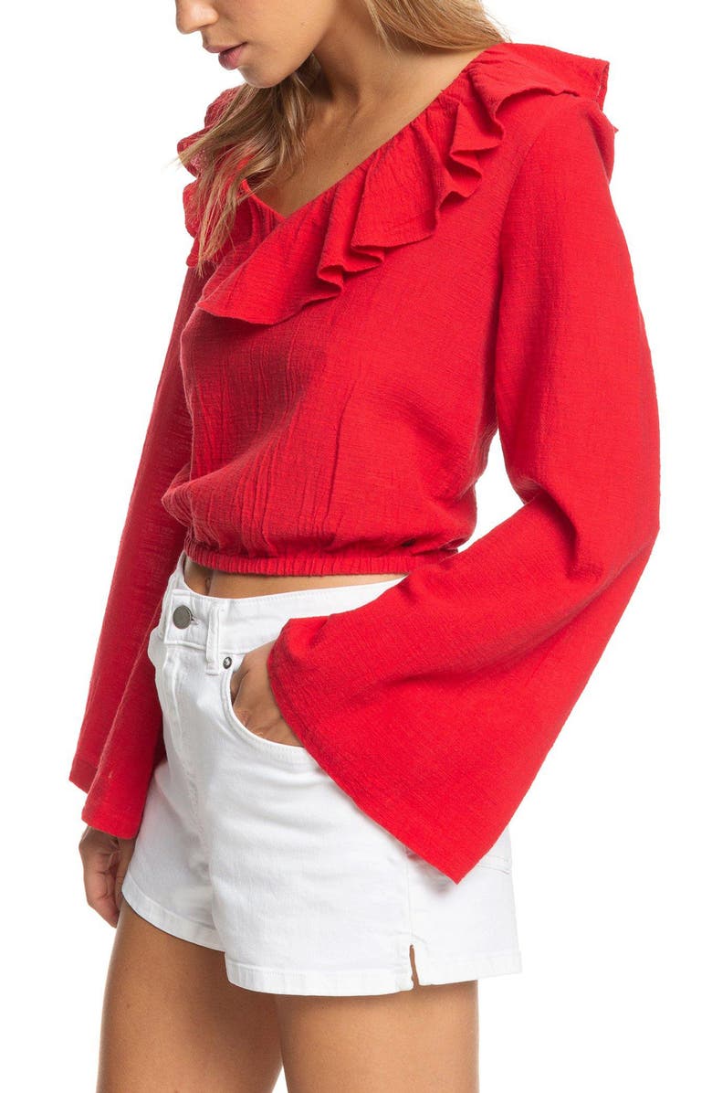 Roxy Paradise Is You Ruffle Trim Bell Sleeve Crop Top, Alternate, color,