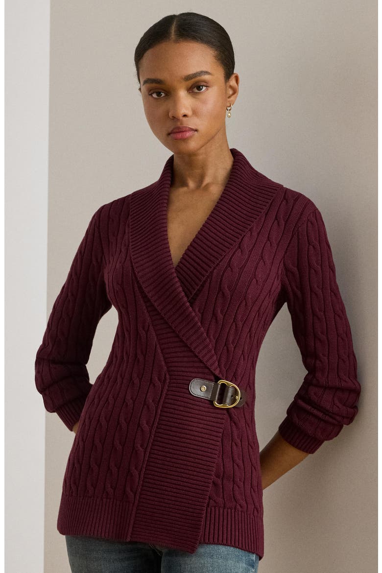 Cable Stitch Cotton Wrap Cardigan, Alternate, color, DARK GARNET