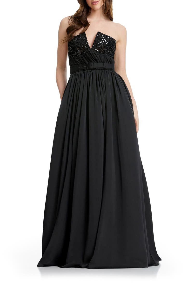 Kristine Sequin Detail Strapless Gown, Main, color, BLACK