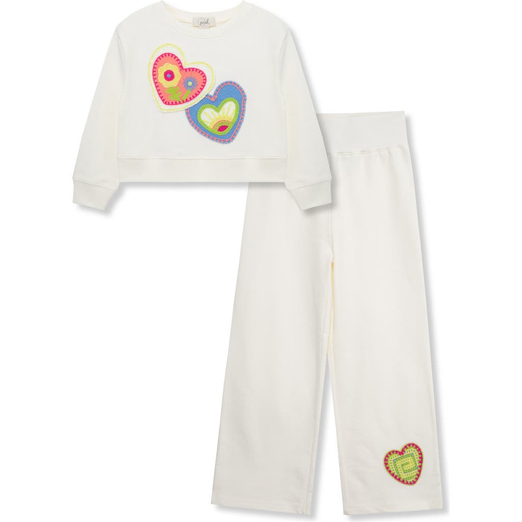 Peek Aren'T You Curious Kids' Heart Embroidered Crewneck Sweatshirt & Knit Pants Set in Natural