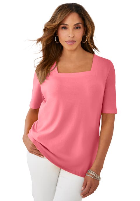 Stretch Cotton Square Neck Tee (Plus)