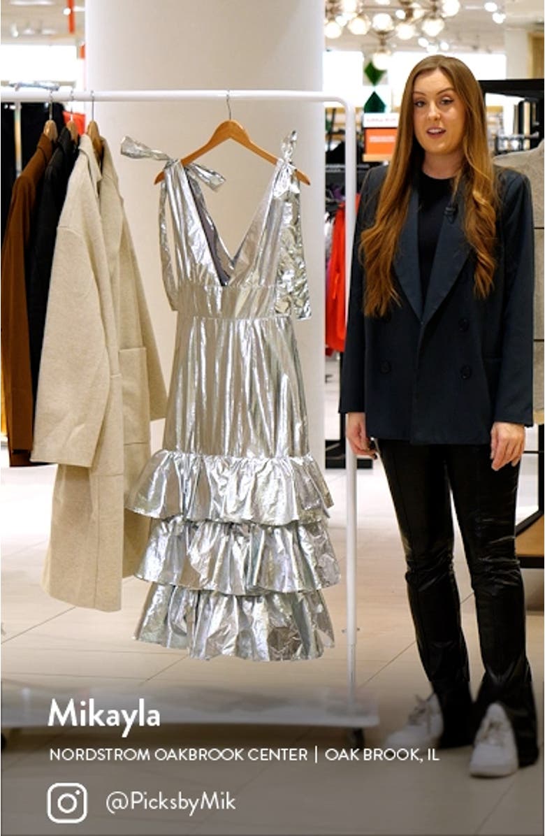 Plunge Neck Tie Strap Metallic Tiered Dress, sales video thumbnail