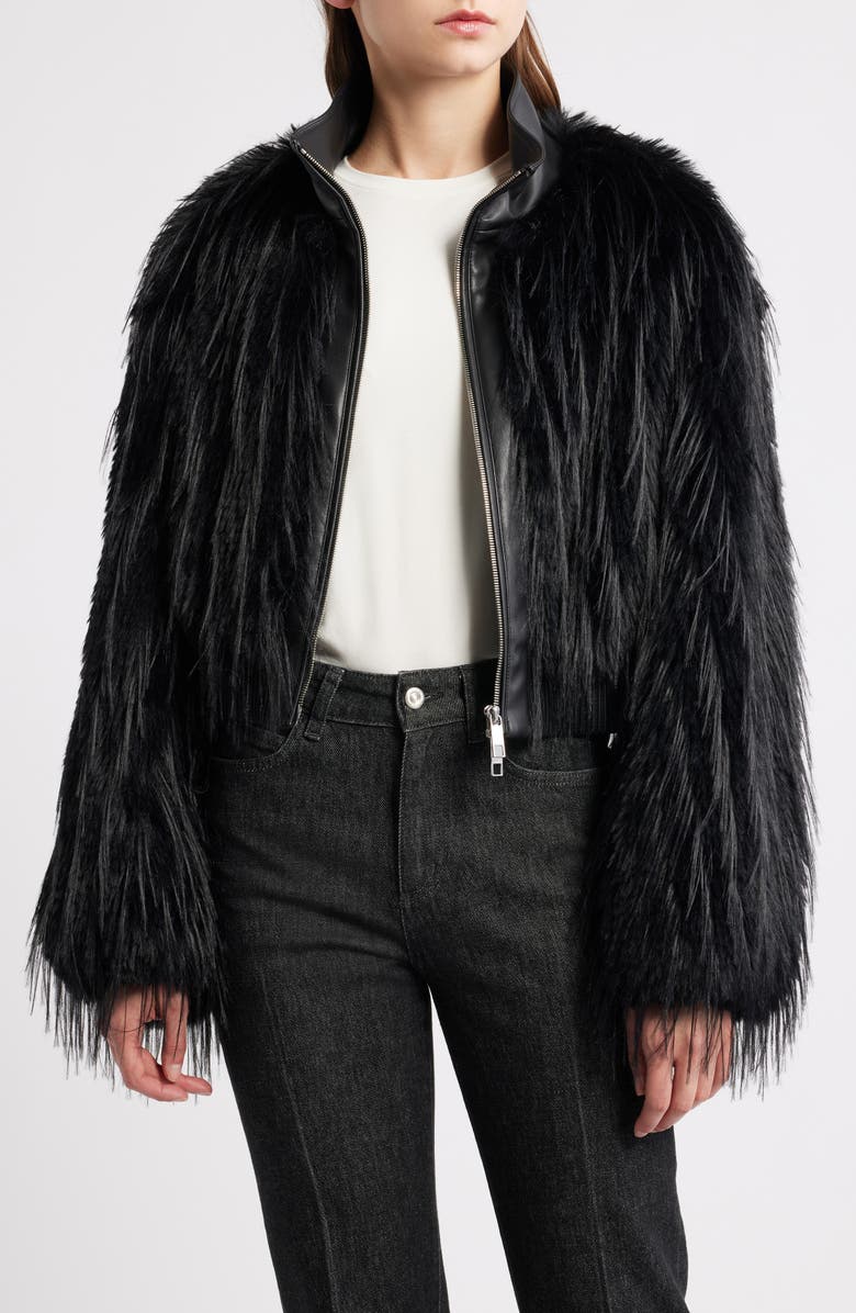 BOSS Cecool Faux Leather & Faux Fur Crop Jacket, Main, color, Black