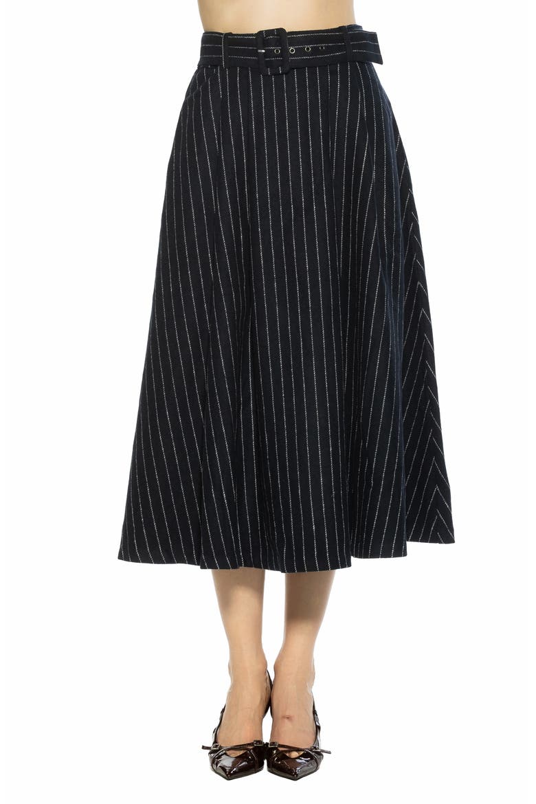 Belted A-Line Midi Skirt, Main, color, NAVY STRIPE